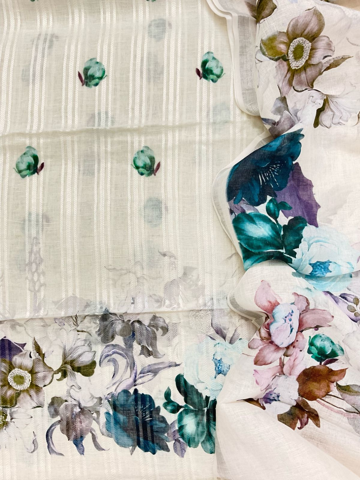 Pure Linen Jute Cotton Printed Suit - Offwhite