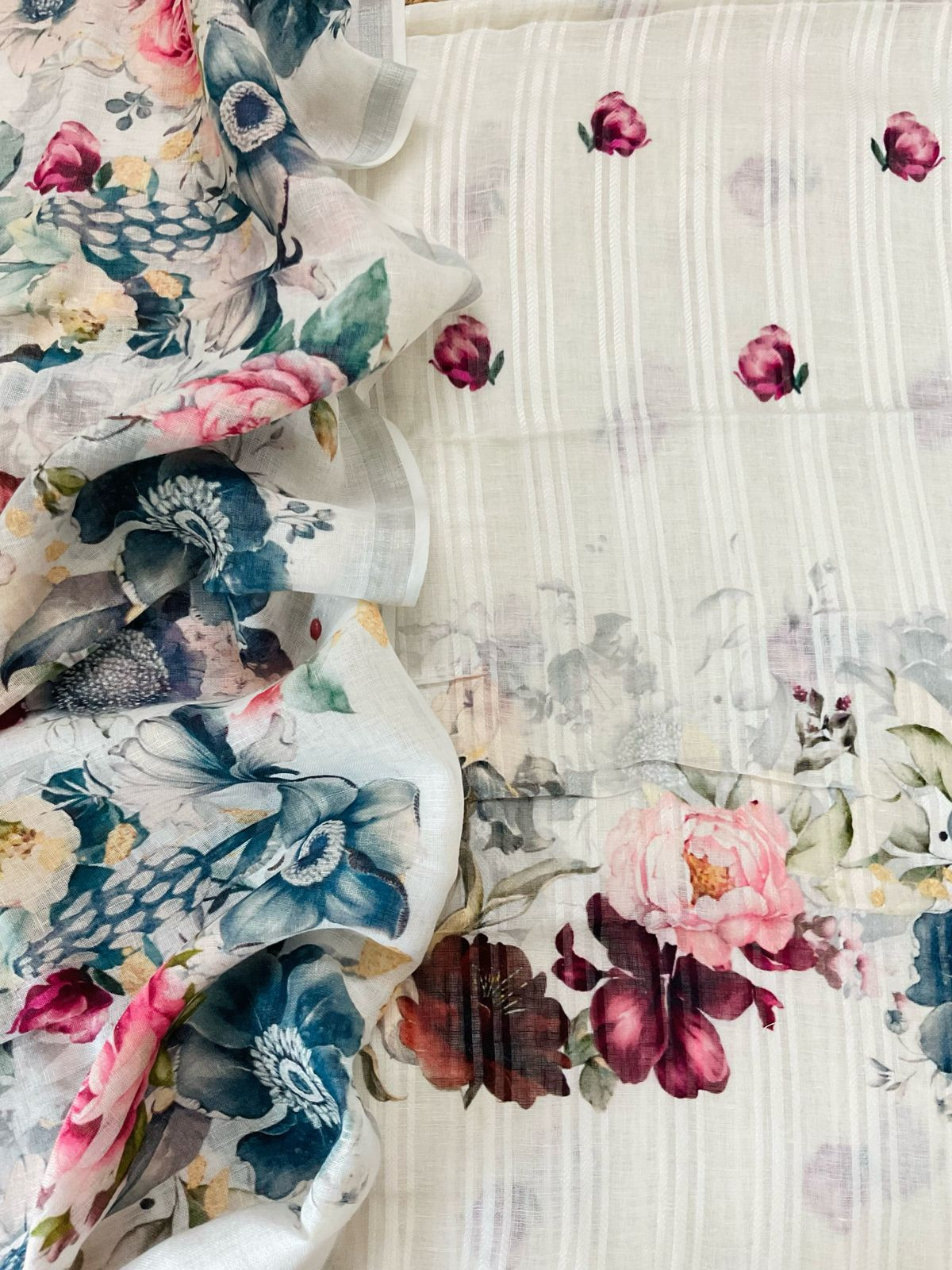 Pure Linen Jute Cotton Printed Suit - Offwhite