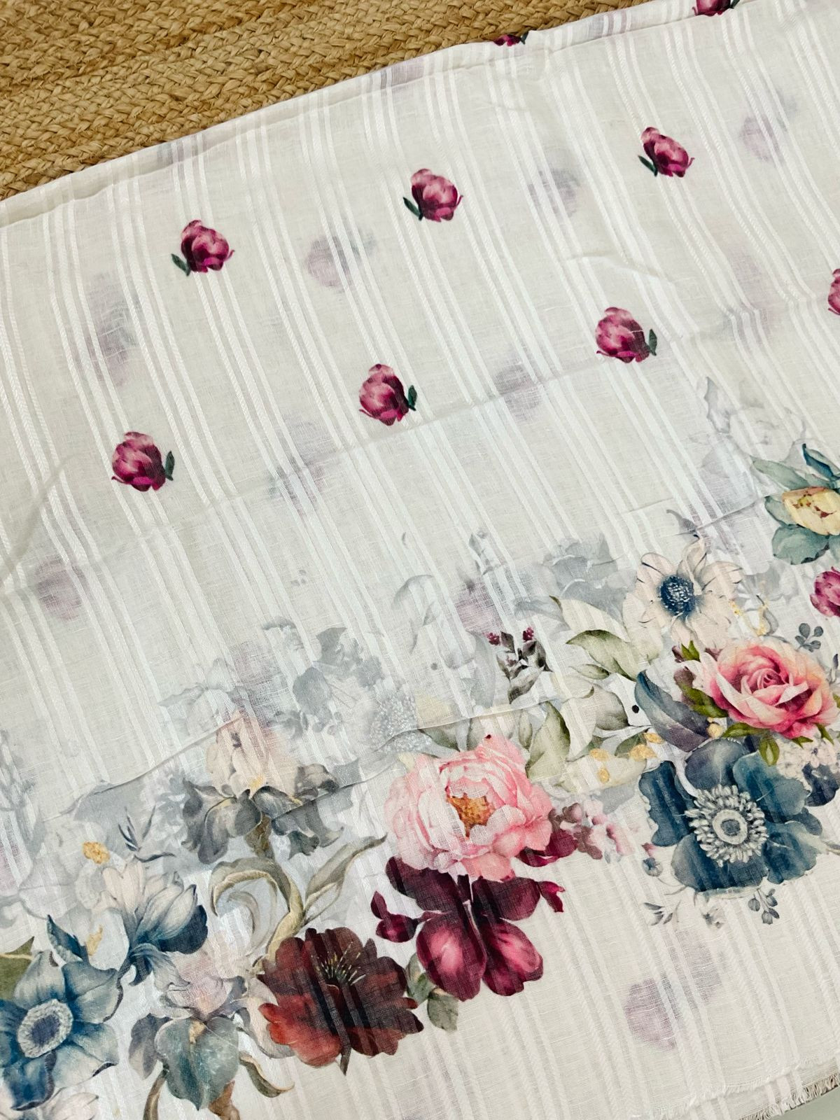 Pure Linen Jute Cotton Printed Suit - Offwhite