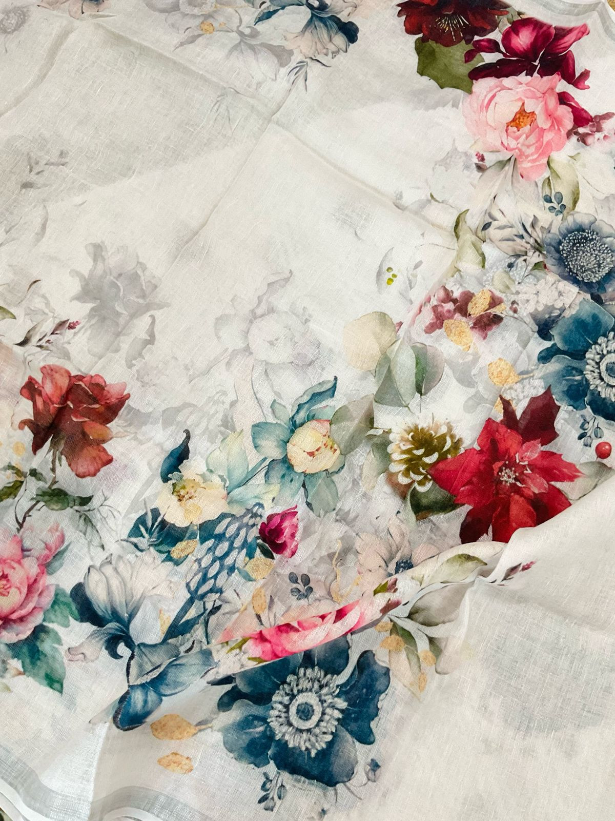 Pure Linen Jute Cotton Printed Suit - Offwhite