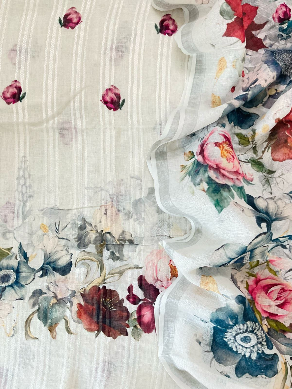 Pure Linen Jute Cotton Printed Suit - Offwhite