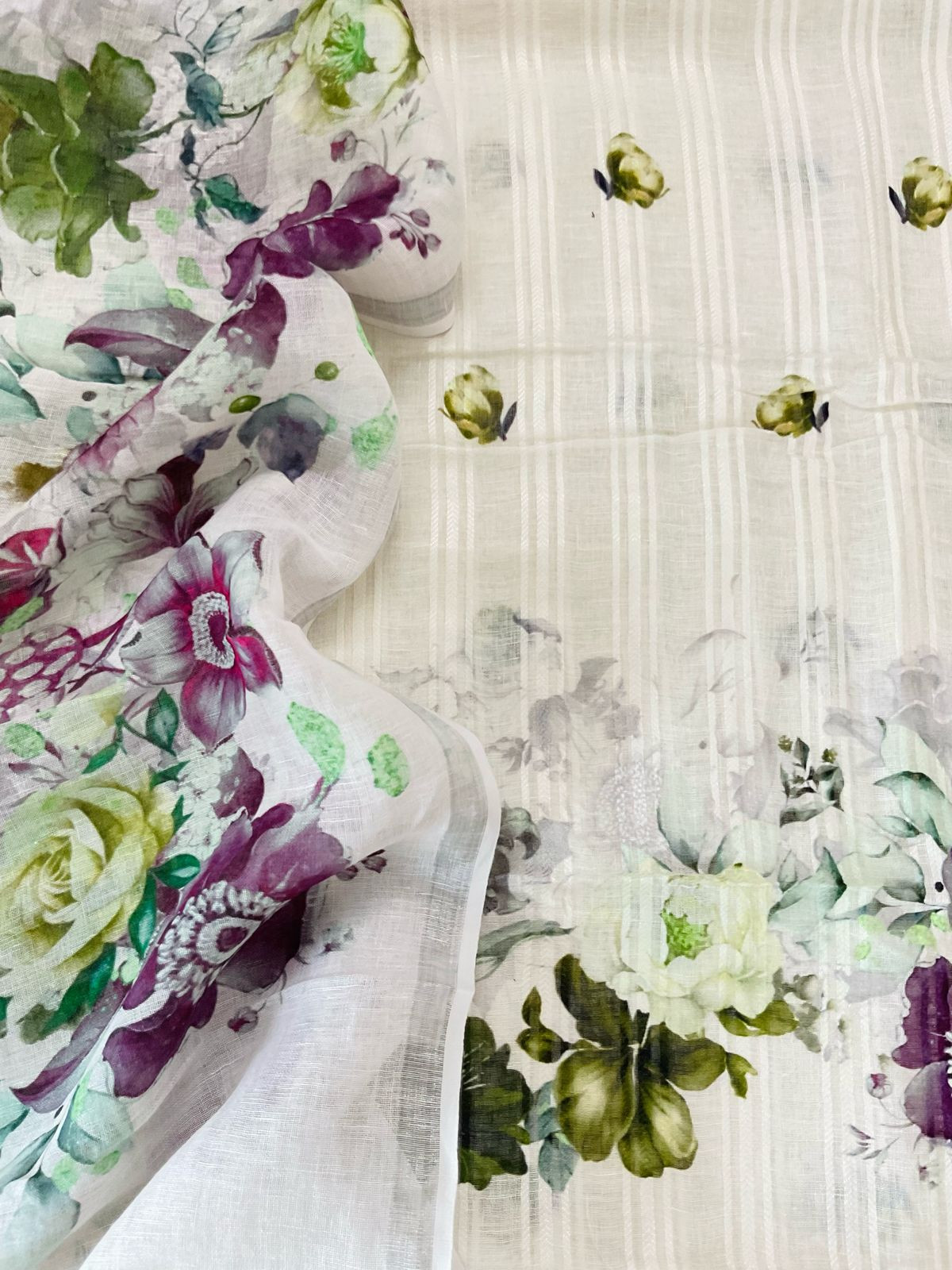 Pure Linen Jute Cotton Printed Suit - Offwhite