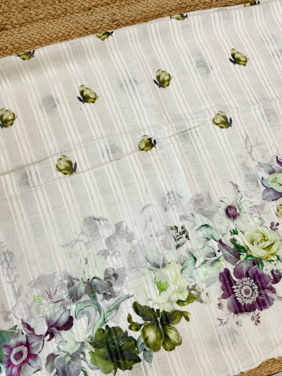 Pure Linen Jute Cotton Printed Suit - Offwhite