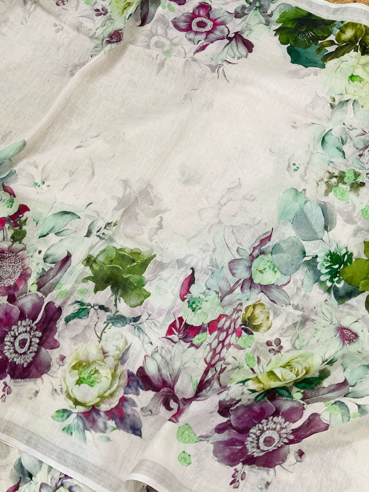 Pure Linen Jute Cotton Printed Suit - Offwhite