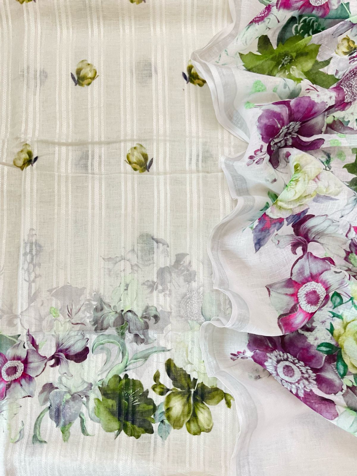 Pure Linen Jute Cotton Printed Suit - Offwhite