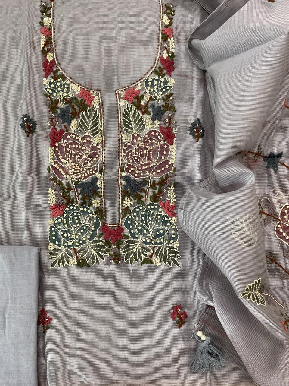 Soft Fine Supernet Brush Painted Embroidered Suit - Lilac