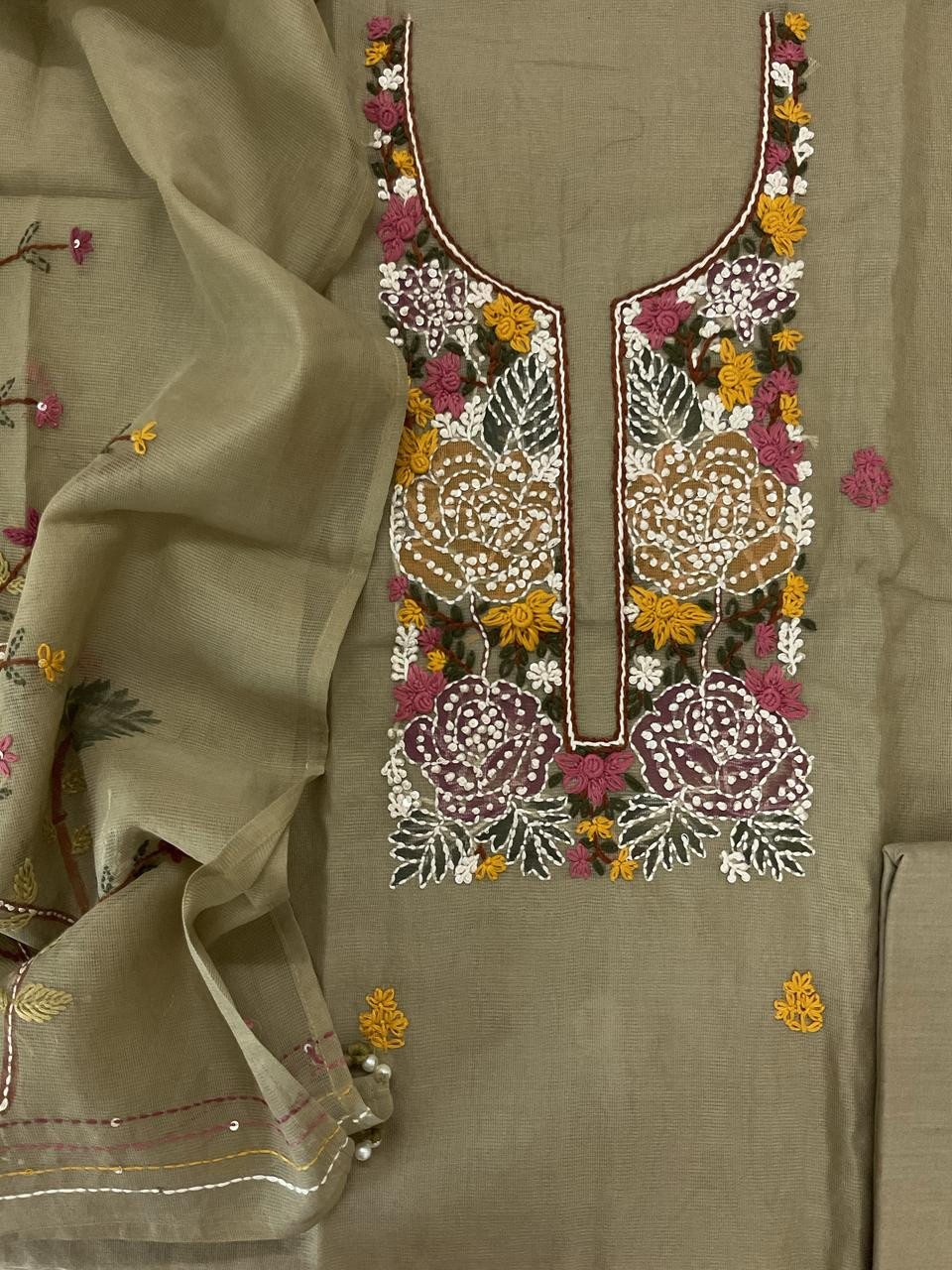 Soft Fine Supernet Brush Painted Embroidered Suit - Beigish Yellow