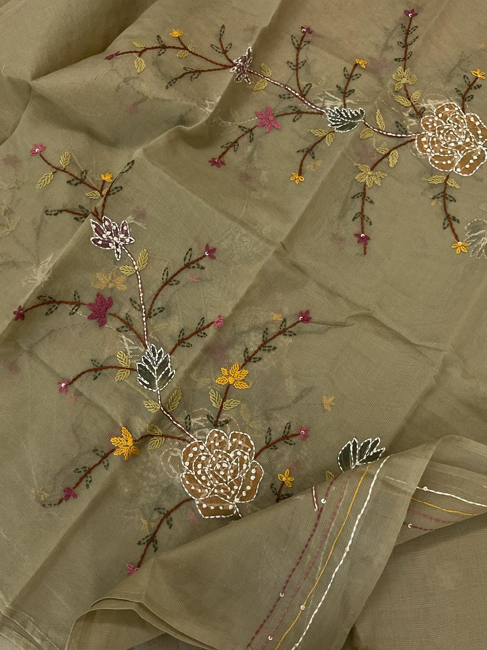 Soft Fine Supernet Brush Painted Embroidered Suit - Beigish Yellow