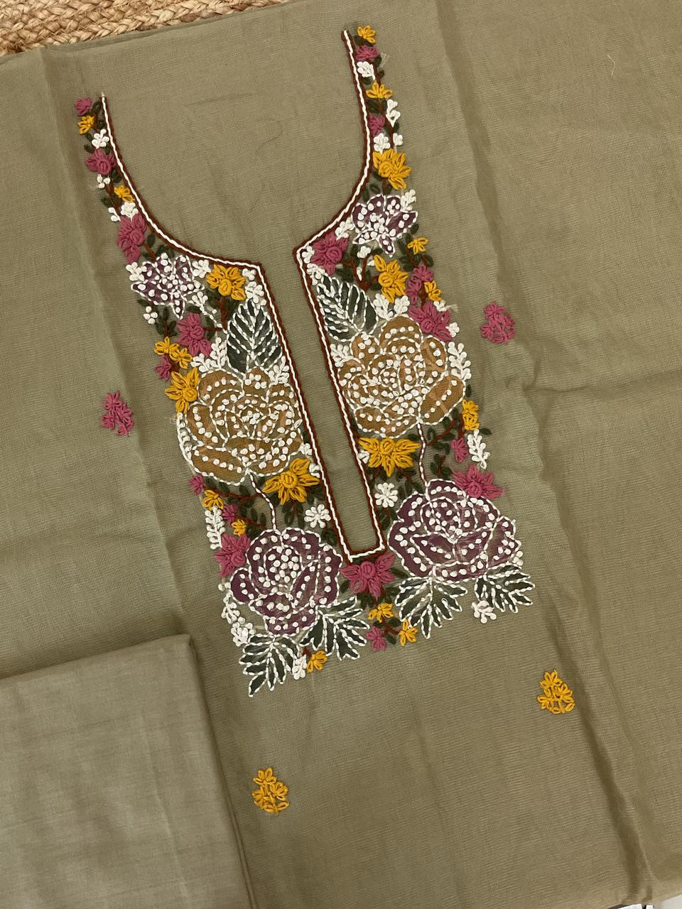 Soft Fine Supernet Brush Painted Embroidered Suit - Beigish Yellow