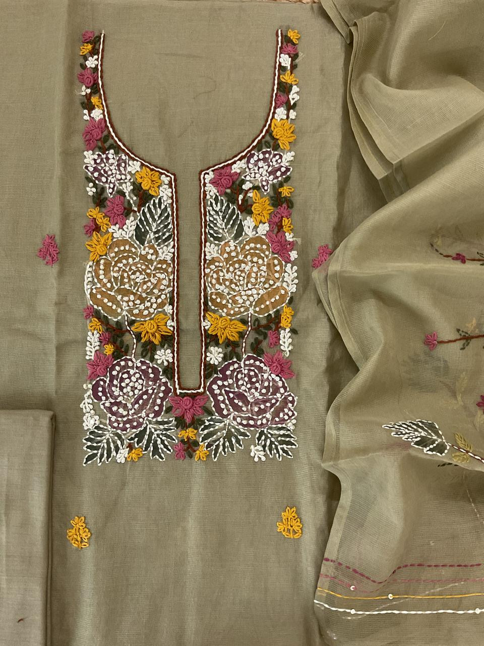 Soft Fine Supernet Brush Painted Embroidered Suit - Beigish Yellow