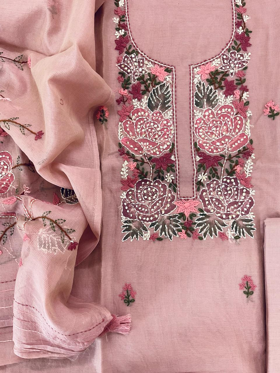 Soft Fine Supernet Brush Painted Embroidered Suit - Onion Pink