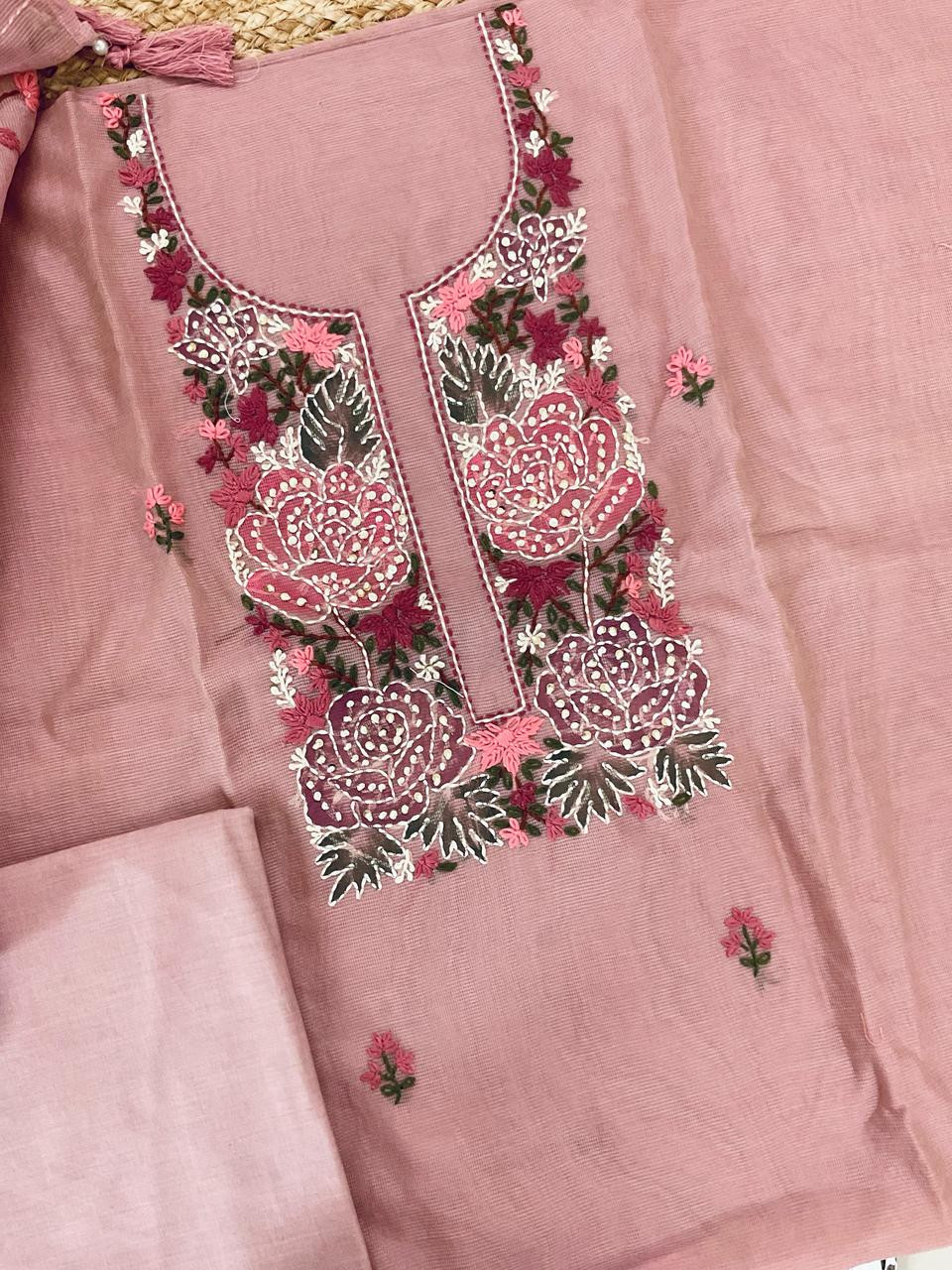 Soft Fine Supernet Brush Painted Embroidered Suit - Onion Pink