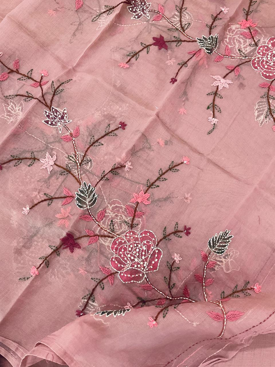 Soft Fine Supernet Brush Painted Embroidered Suit - Onion Pink