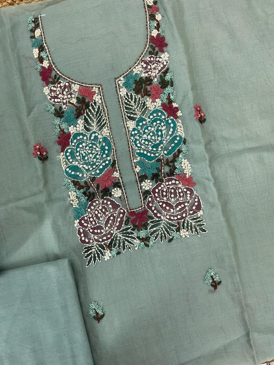 Soft Fine Supernet Brush Painted Embroidered Suit - Green