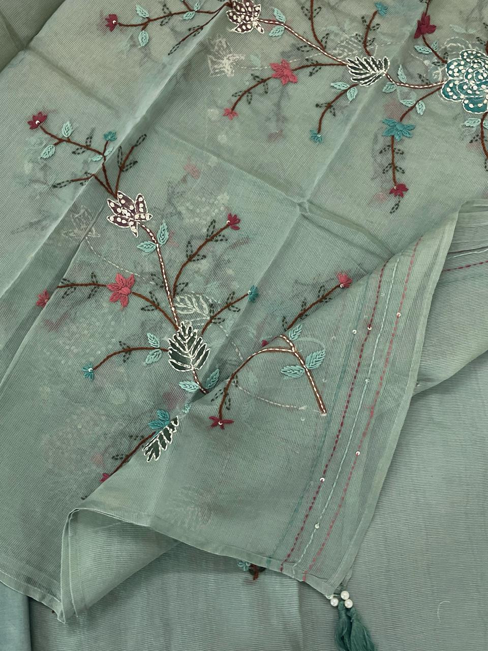 Soft Fine Supernet Brush Painted Embroidered Suit - Green