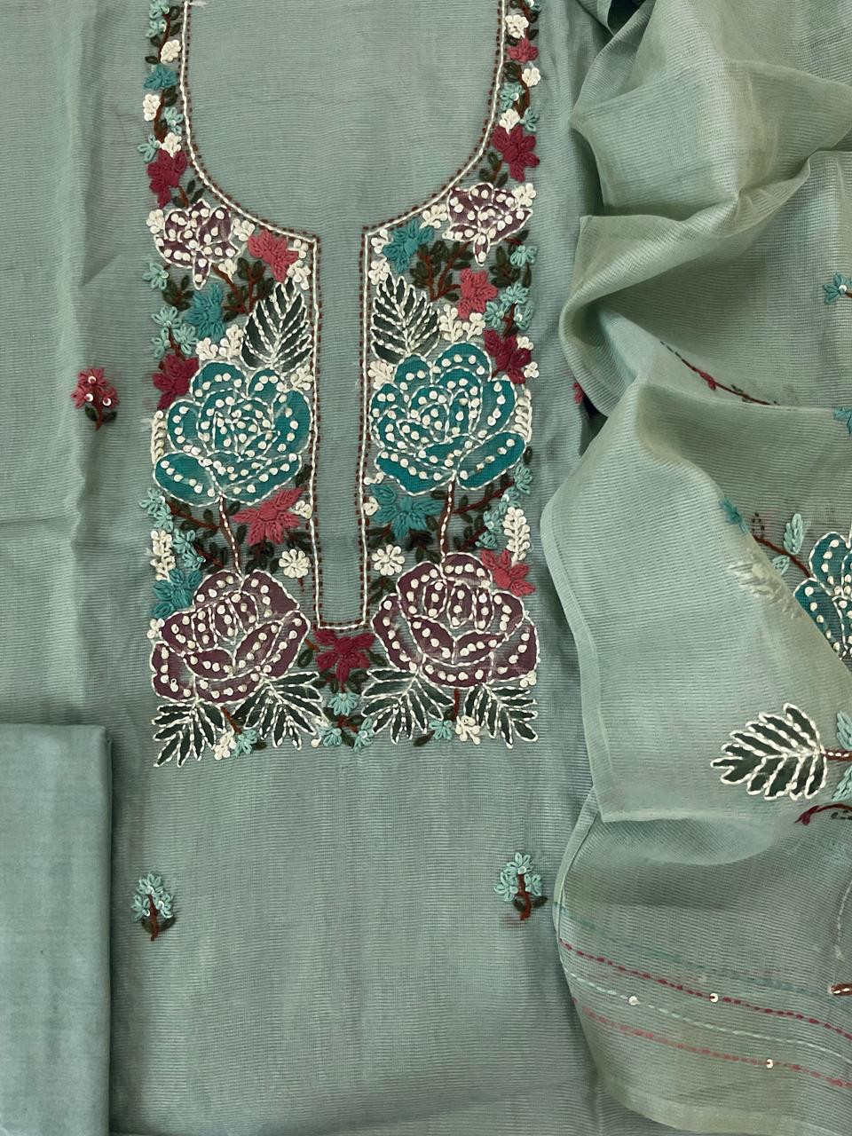 Soft Fine Supernet Brush Painted Embroidered Suit - Green