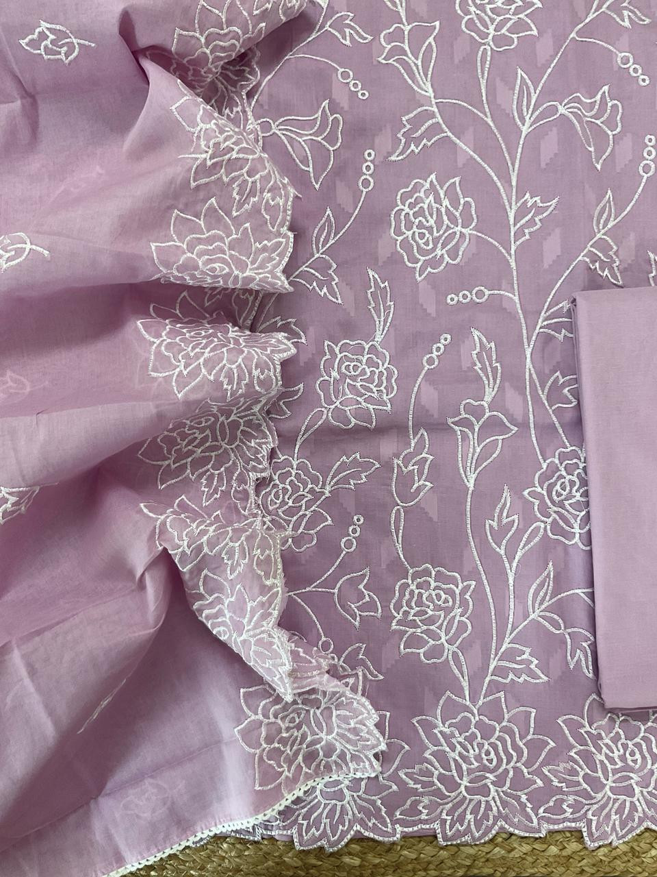 Pure Cotton Self Weaved Embroidered Suit - Lavender