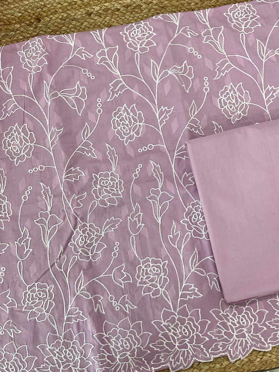 Pure Cotton Self Weaved Embroidered Suit - Lavender