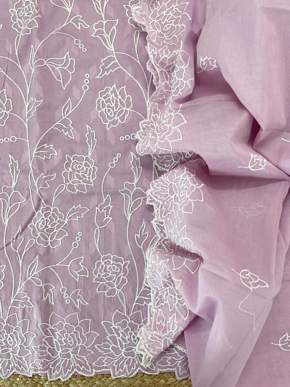 Pure Cotton Self Weaved Embroidered Suit - Lavender