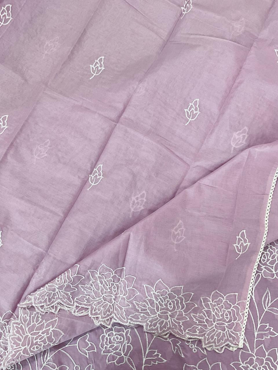 Pure Cotton Self Weaved Embroidered Suit - Lavender