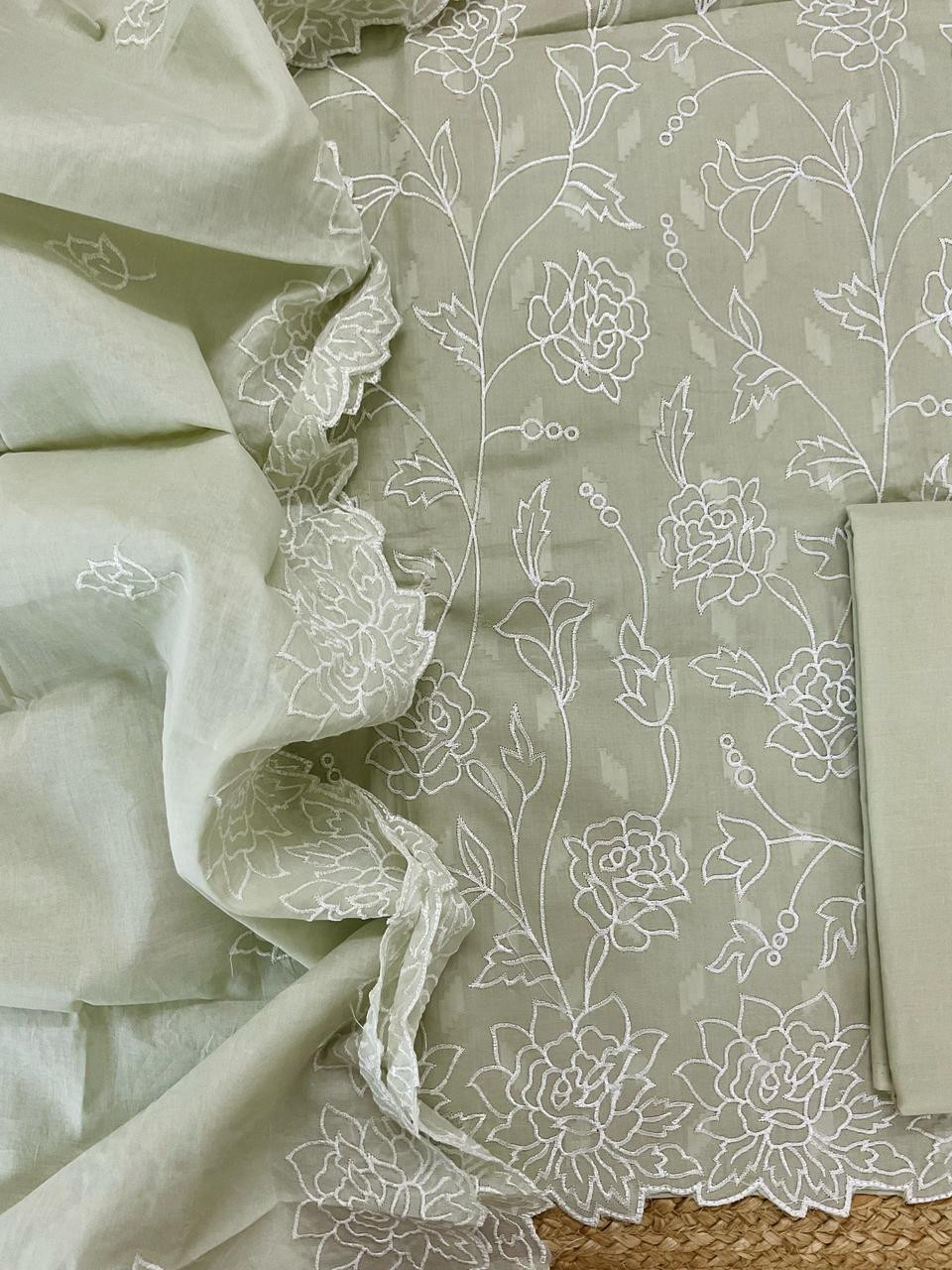 Pure Cotton Self Weaved Embroidered Suit - Green