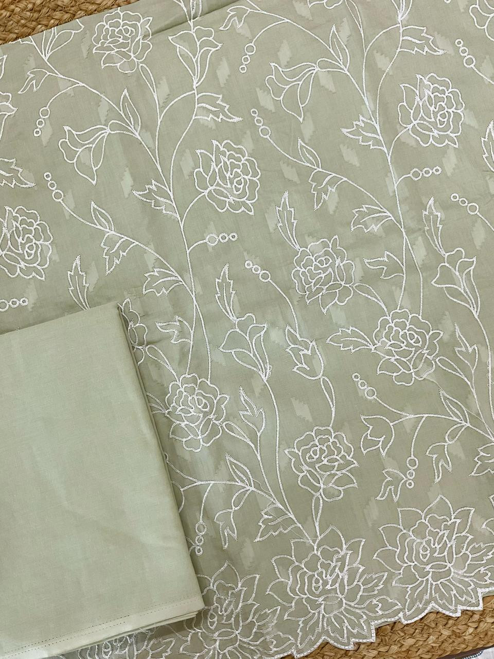 Pure Cotton Self Weaved Embroidered Suit - Green