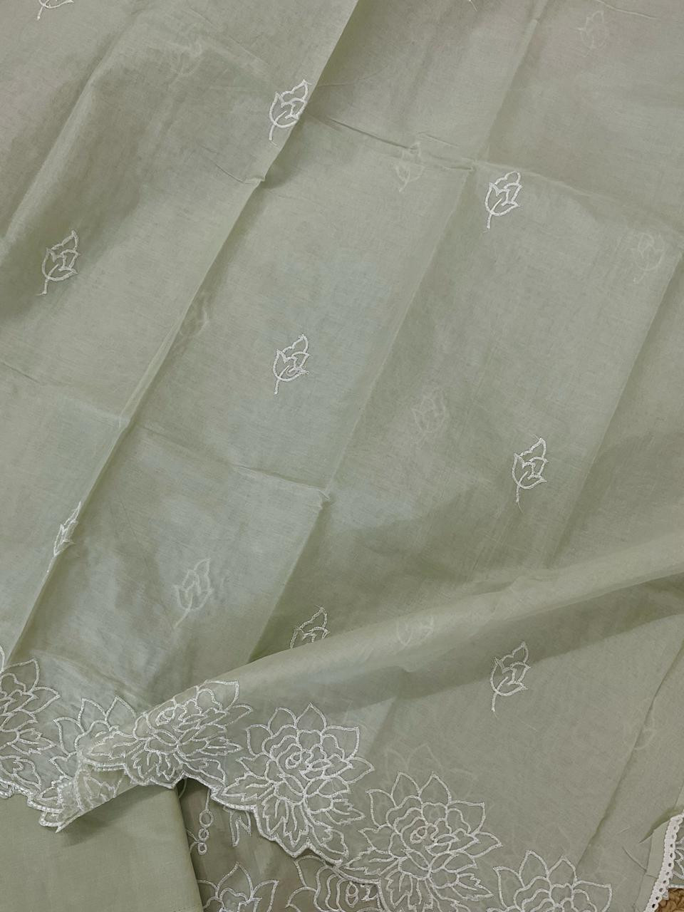 Pure Cotton Self Weaved Embroidered Suit - Green