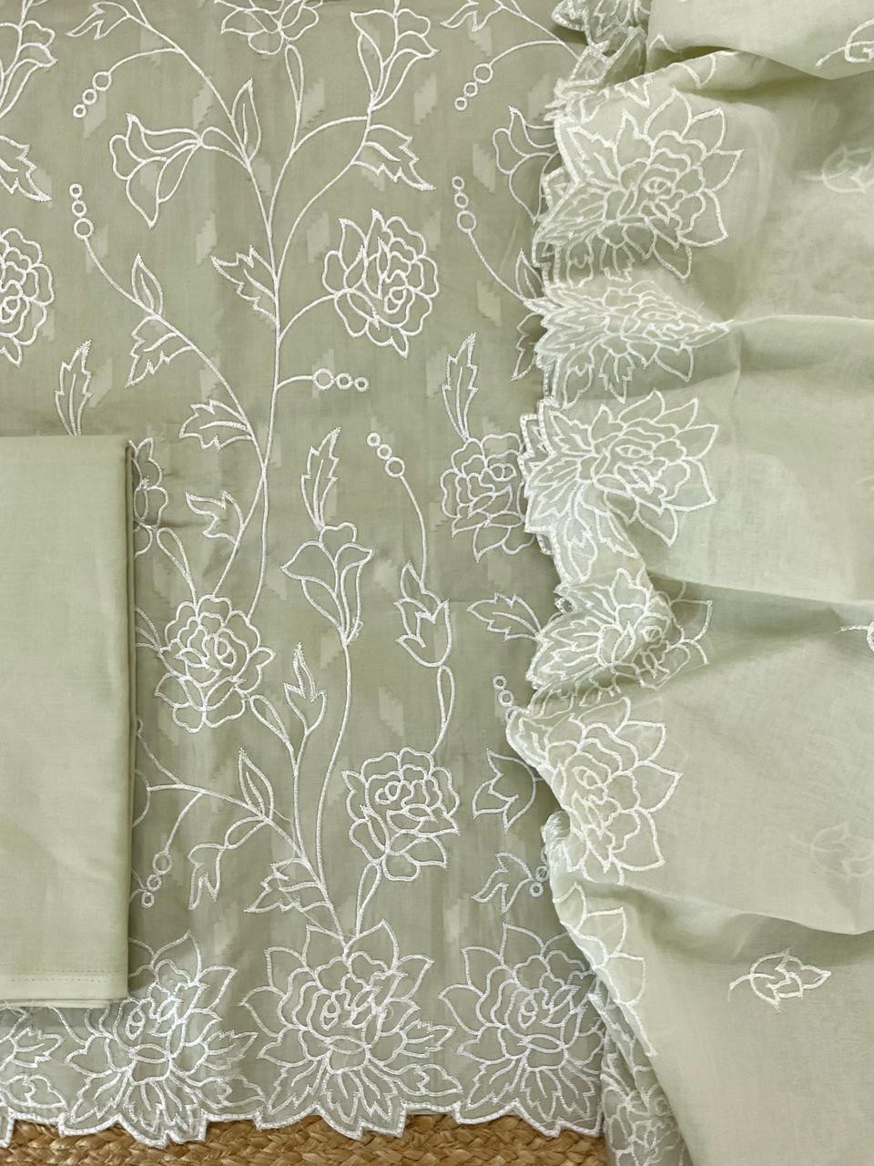 Pure Cotton Self Weaved Embroidered Suit - Green