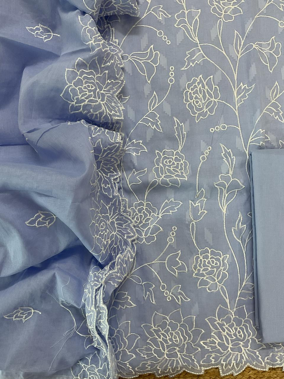 Pure Cotton Self Weaved Embroidered Suit - Blue