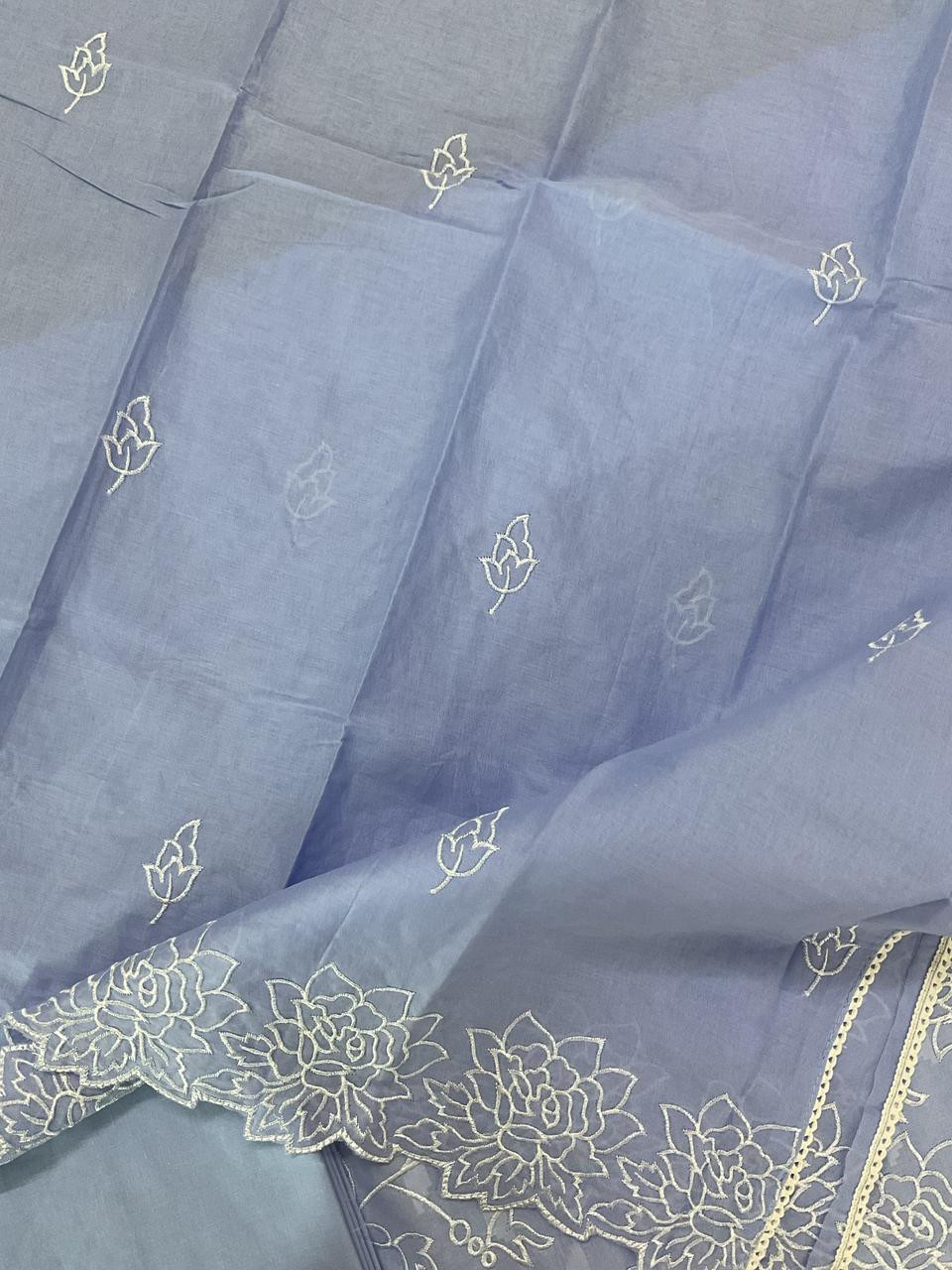 Pure Cotton Self Weaved Embroidered Suit - Blue