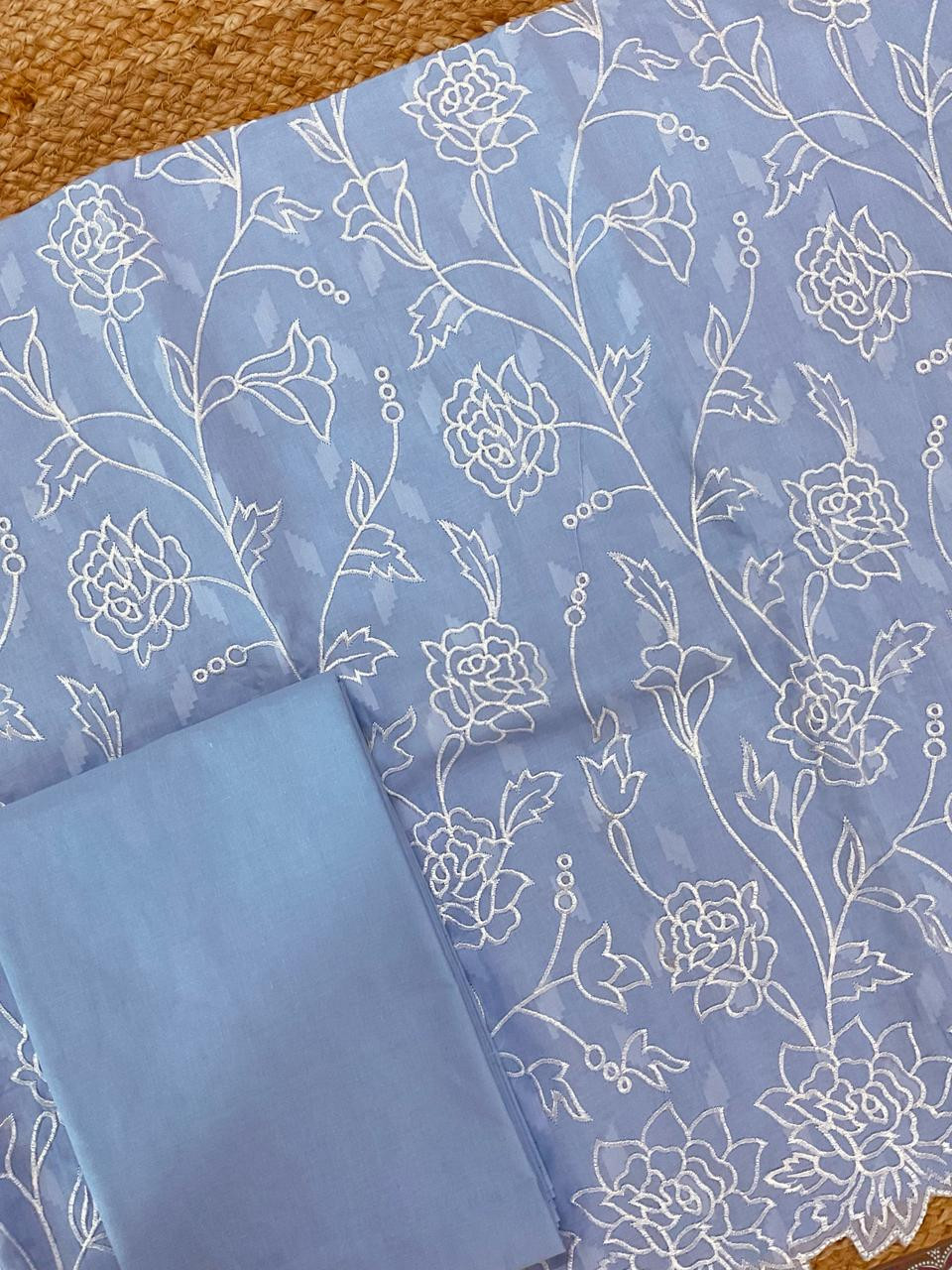 Pure Cotton Self Weaved Embroidered Suit - Blue