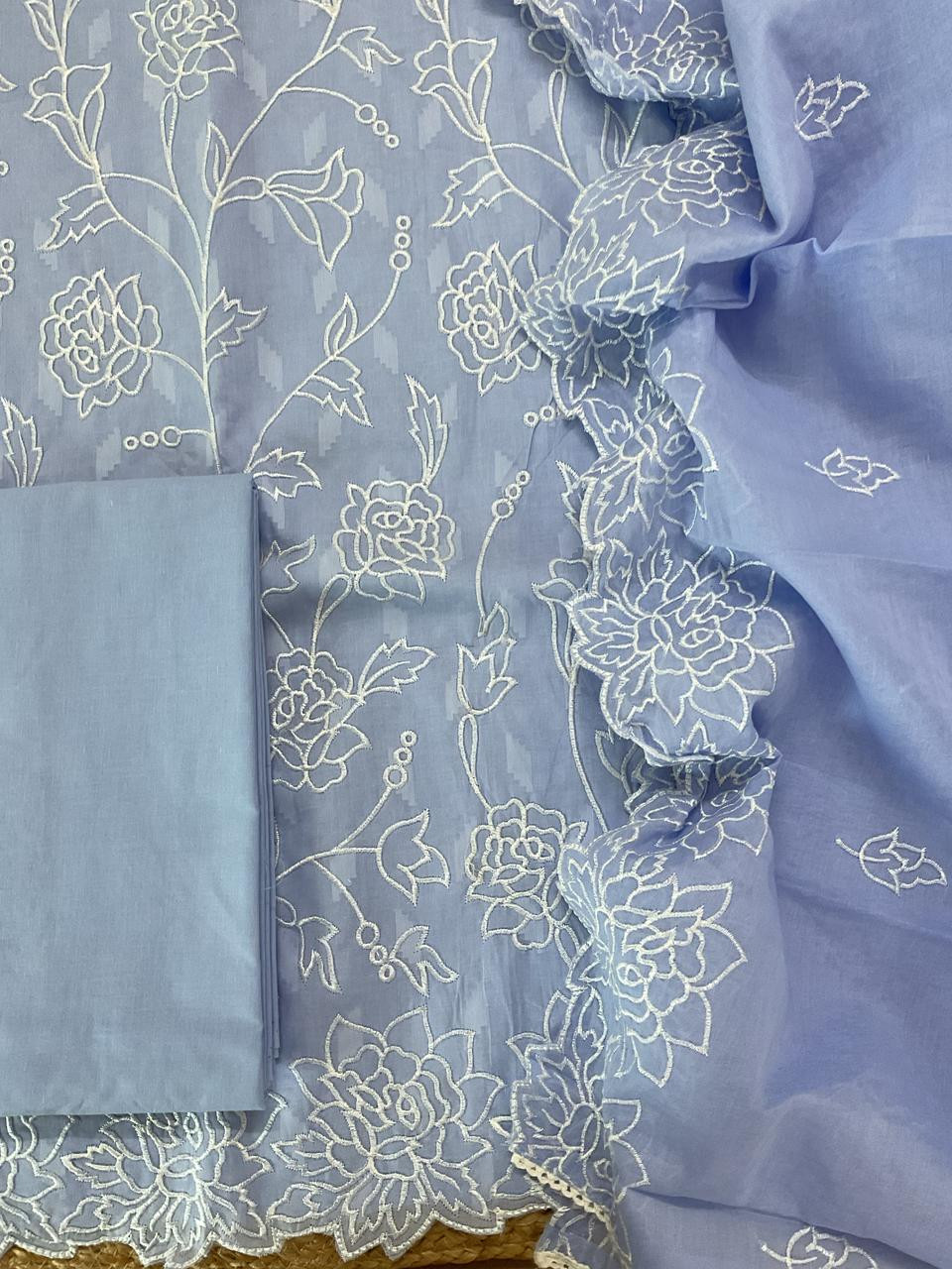 Pure Cotton Self Weaved Embroidered Suit - Blue