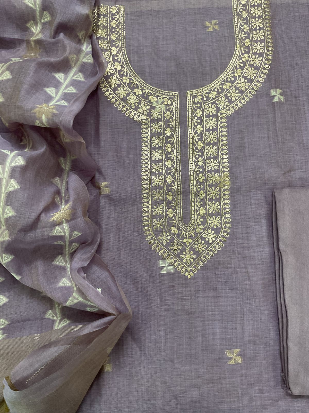 Soft Kora Chanderi Jamdani Weaved Embroidered Suit - Lavender