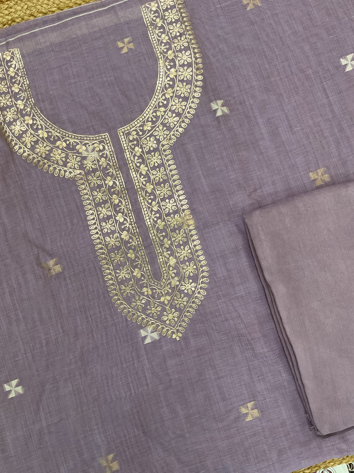 Soft Kora Chanderi Jamdani Weaved Embroidered Suit - Lavender