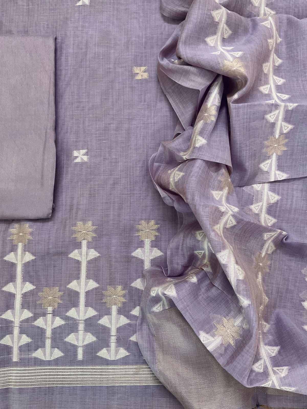 Soft Kora Chanderi Jamdani Weaved Embroidered Suit - Lavender