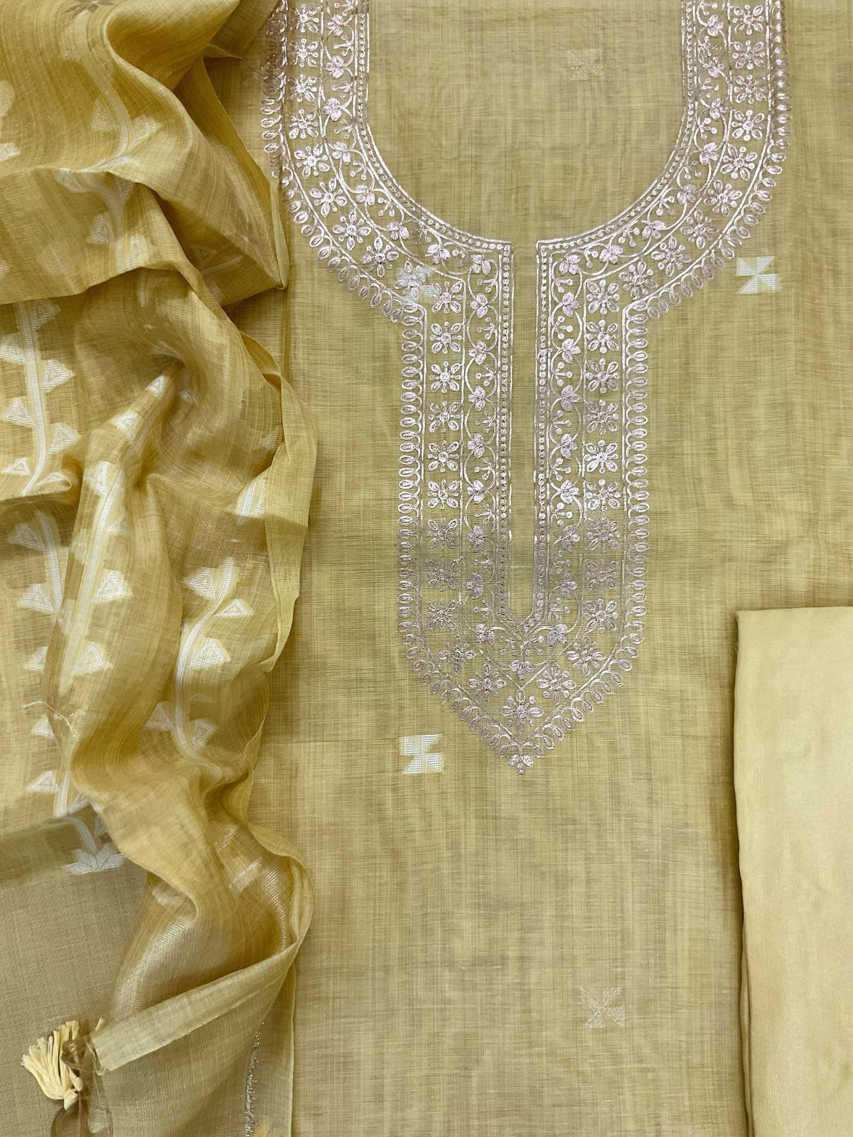 Soft Kora Chanderi Jamdani Weaved Embroidered Suit - Yellow
