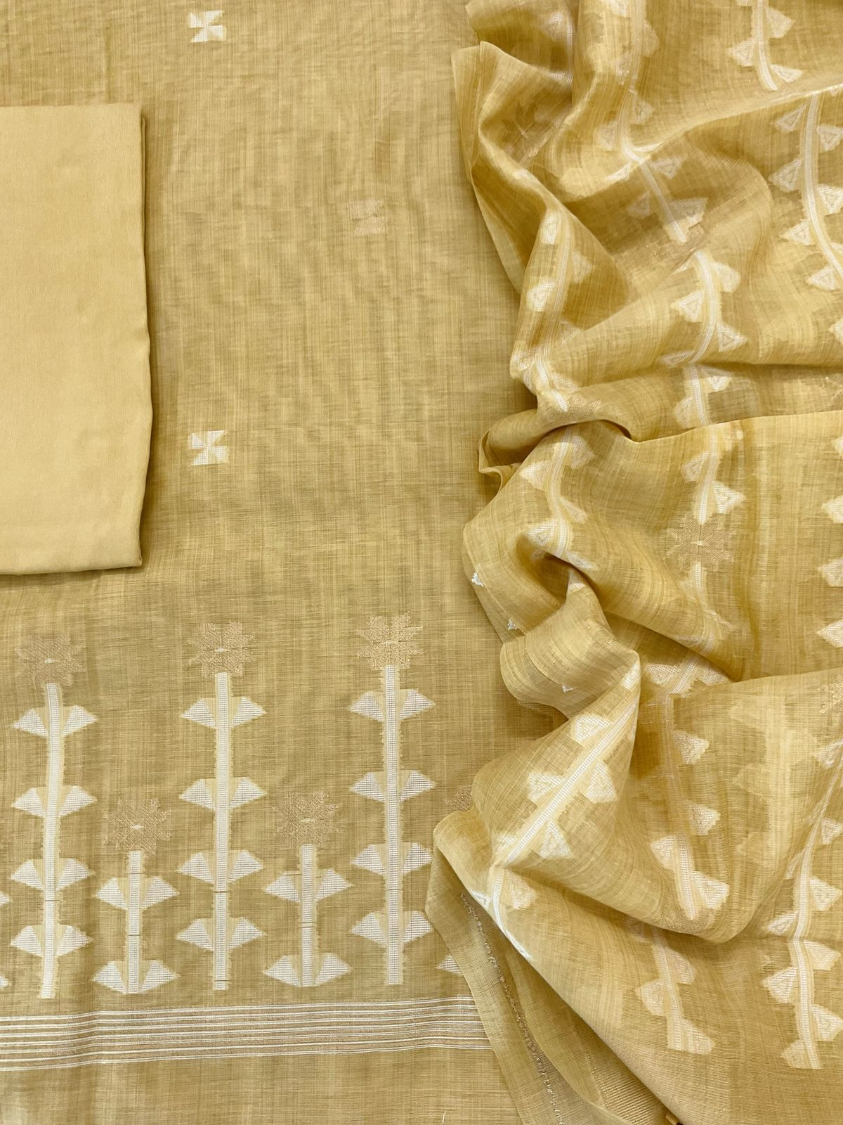 Soft Kora Chanderi Jamdani Weaved Embroidered Suit - Yellow