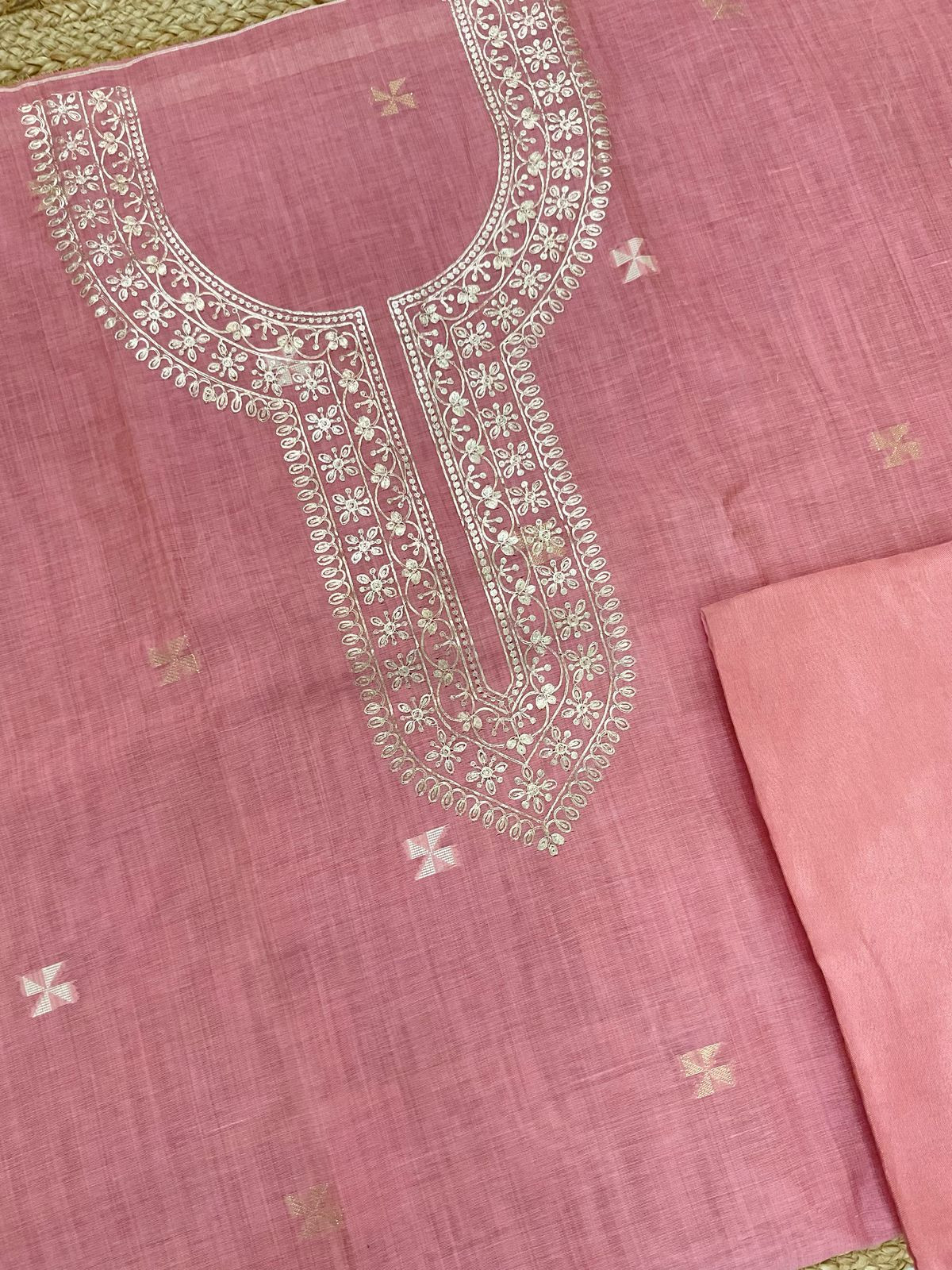 Soft Kora Chanderi Jamdani Weaved Embroidered Suit - Pink