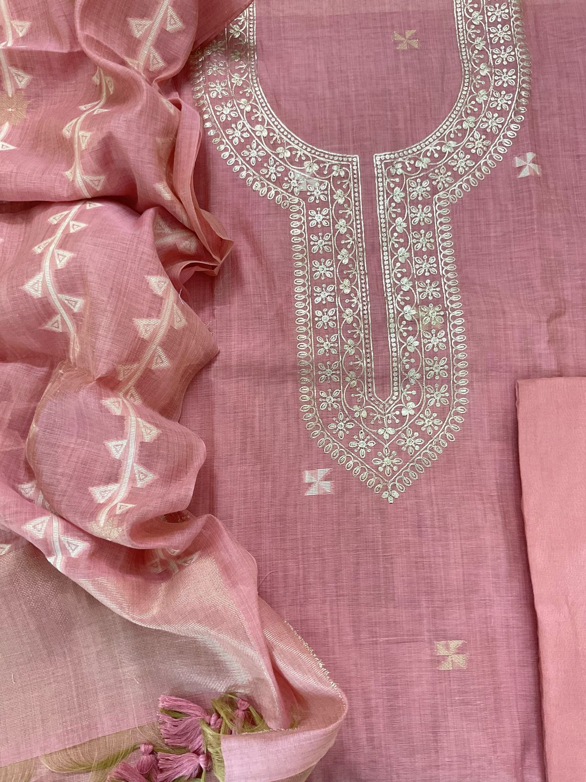 Soft Kora Chanderi Jamdani Weaved Embroidered Suit - Pink