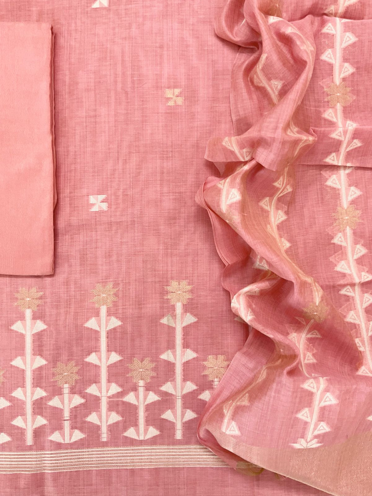 Soft Kora Chanderi Jamdani Weaved Embroidered Suit - Pink