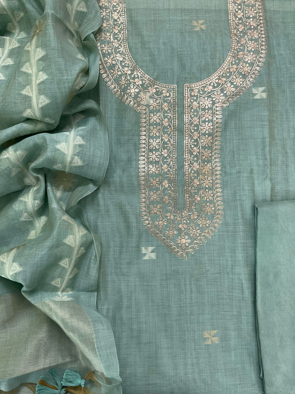 Soft Kora Chanderi Jamdani Weaved Embroidered Suit - Seablue