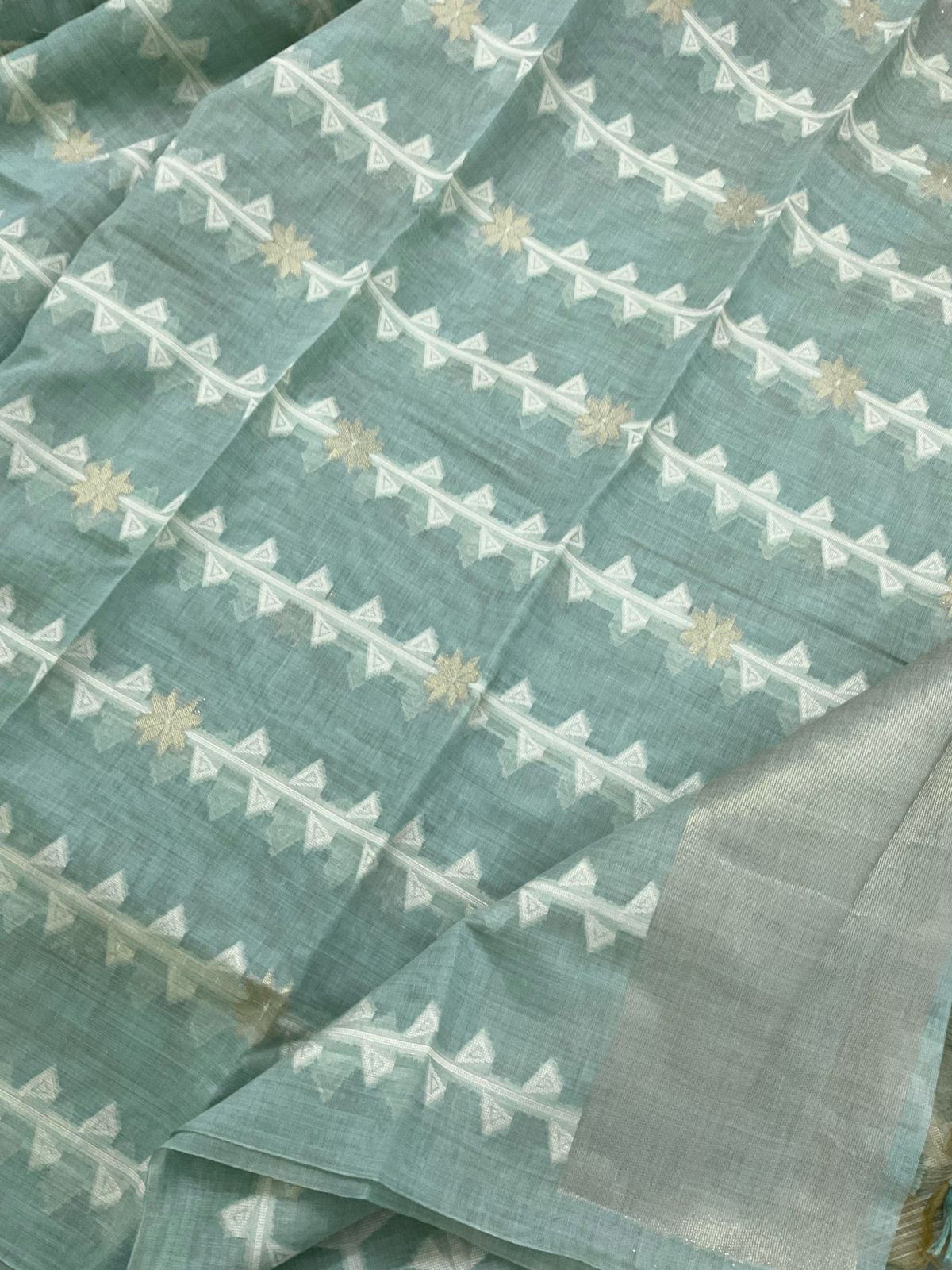 Soft Kora Chanderi Jamdani Weaved Embroidered Suit - Seablue