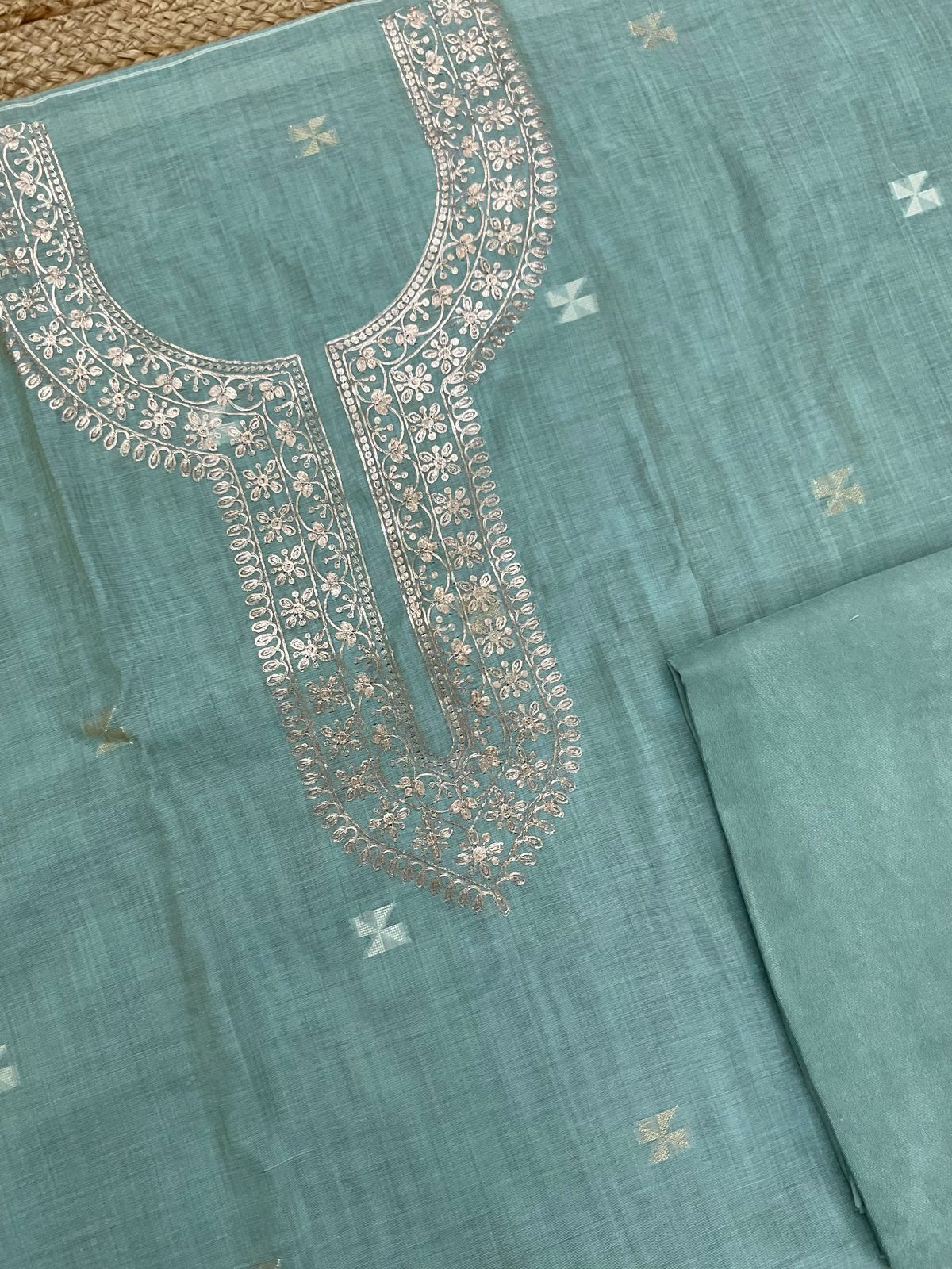Soft Kora Chanderi Jamdani Weaved Embroidered Suit - Seablue