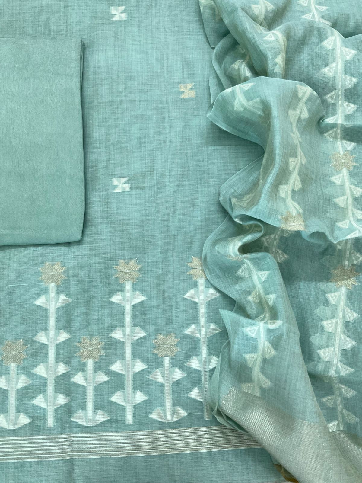 Soft Kora Chanderi Jamdani Weaved Embroidered Suit - Seablue