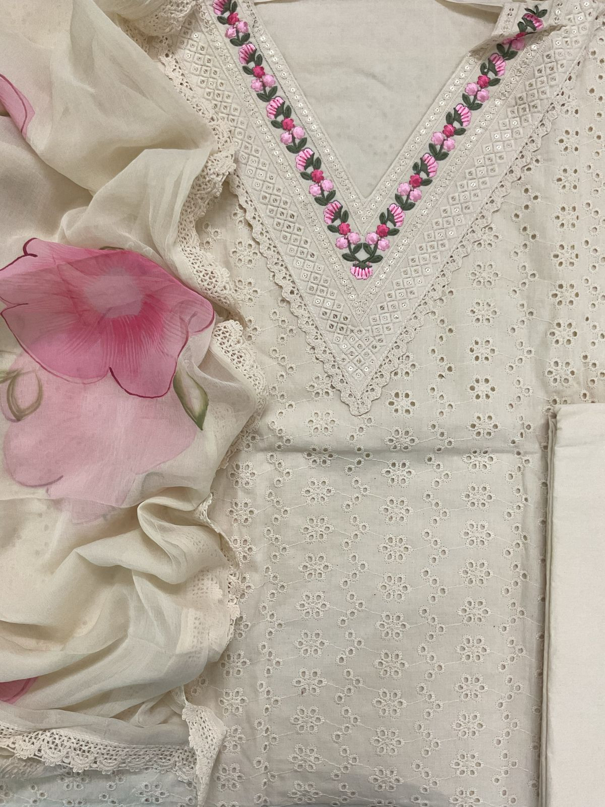Pure Cotton Embroidered Suit - Cream