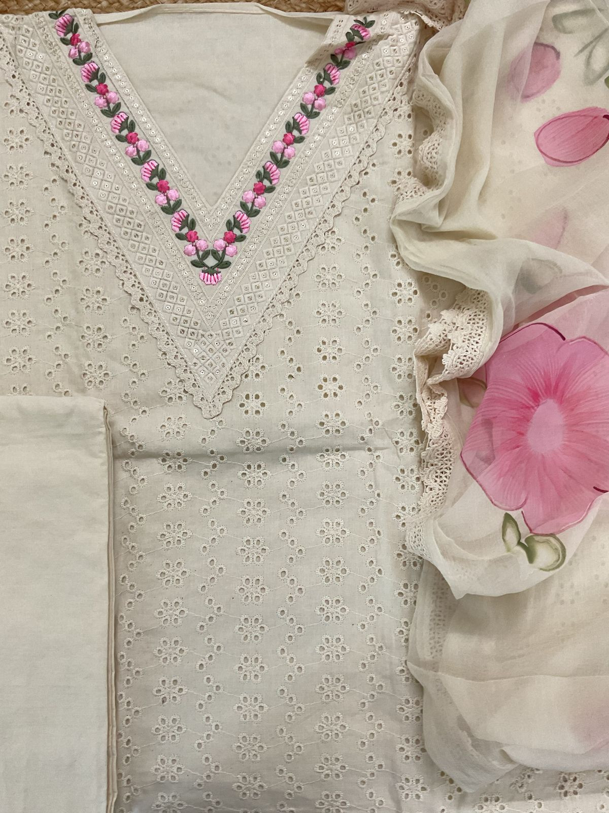 Pure Cotton Embroidered Suit - Cream