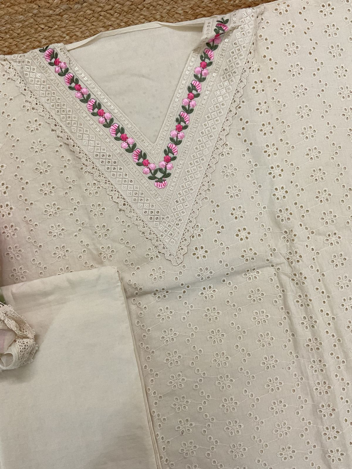 Pure Cotton Embroidered Suit - Cream