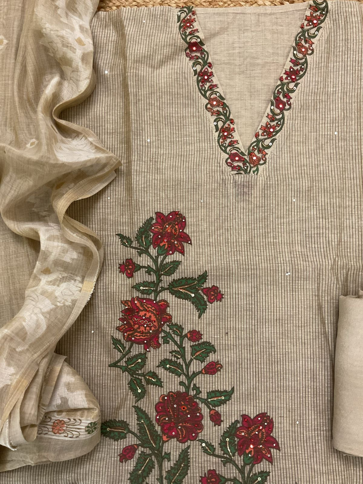 Soft Slub Chanderi Printed Embroidered Suit - Beige