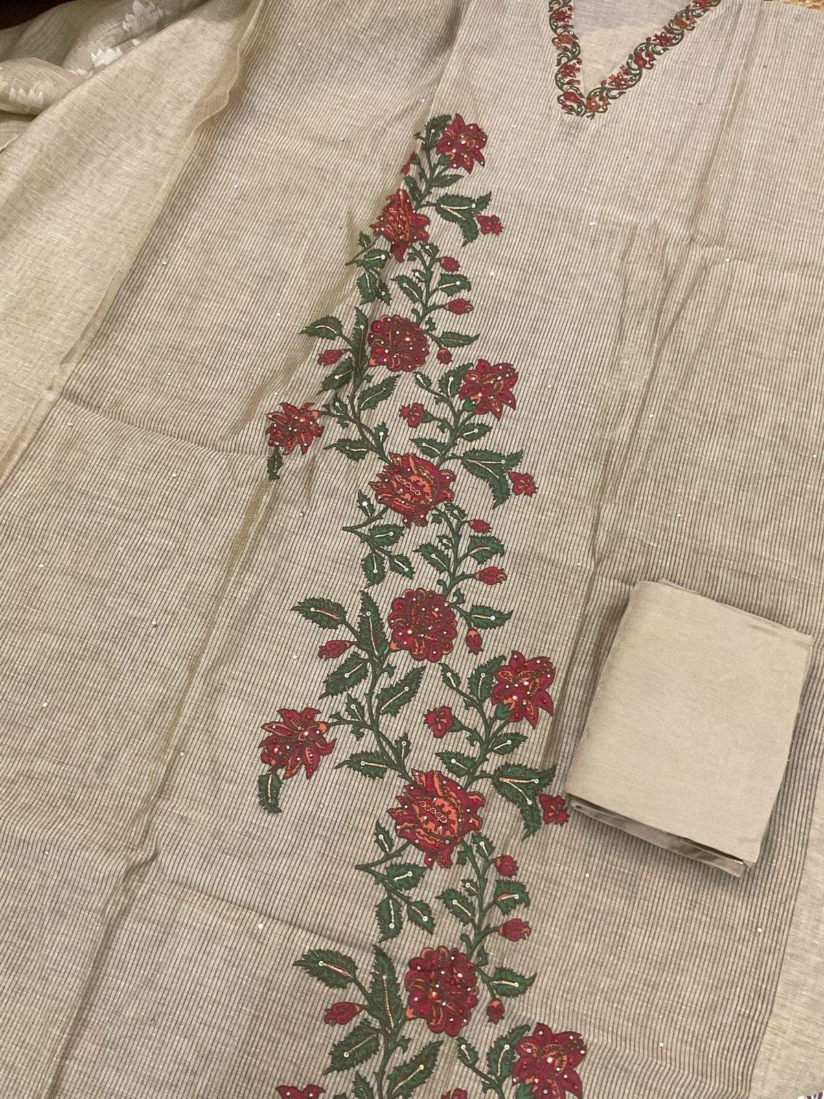 Soft Slub Chanderi Printed Embroidered Suit - Beige