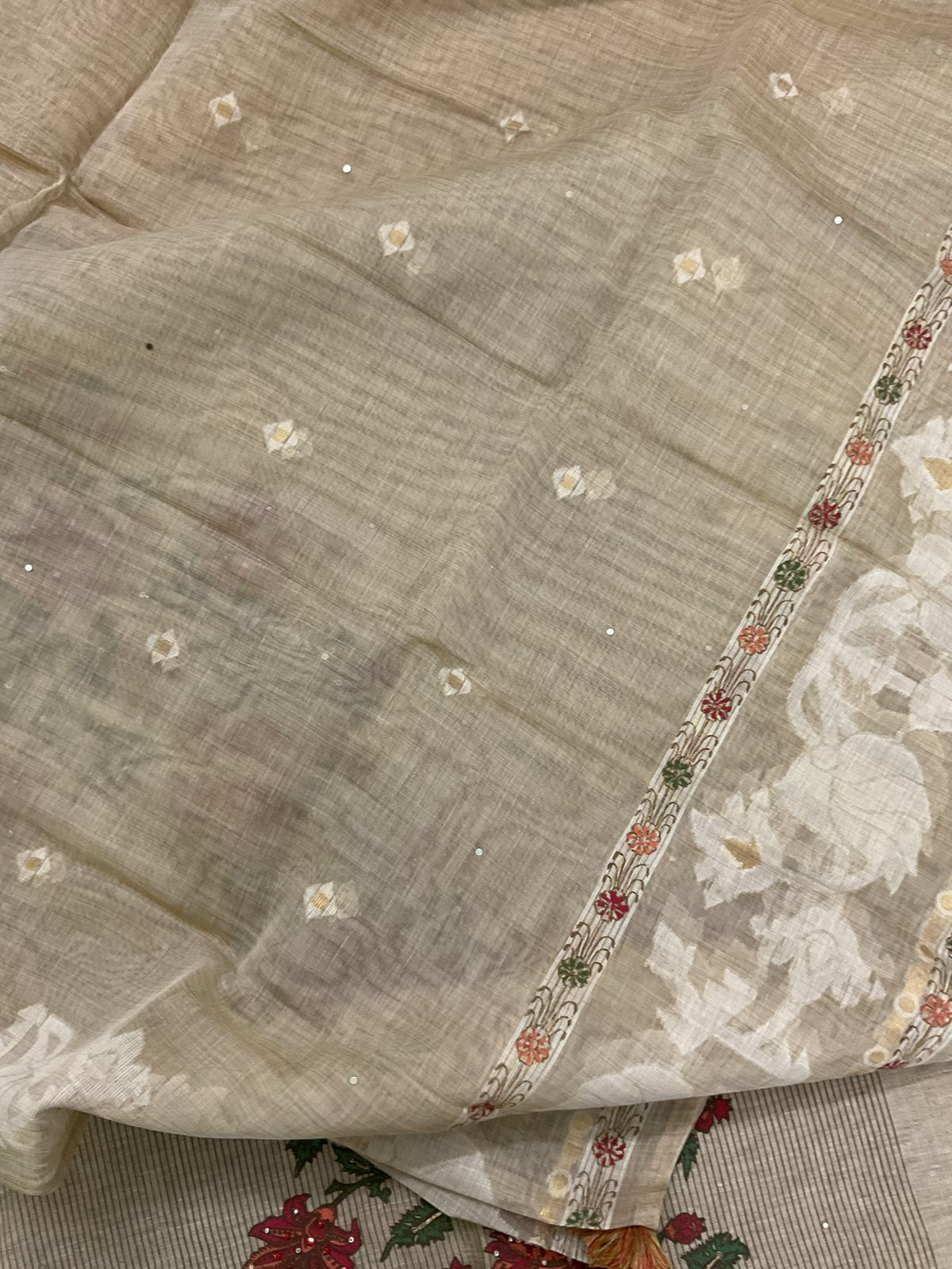 Soft Slub Chanderi Printed Embroidered Suit - Beige